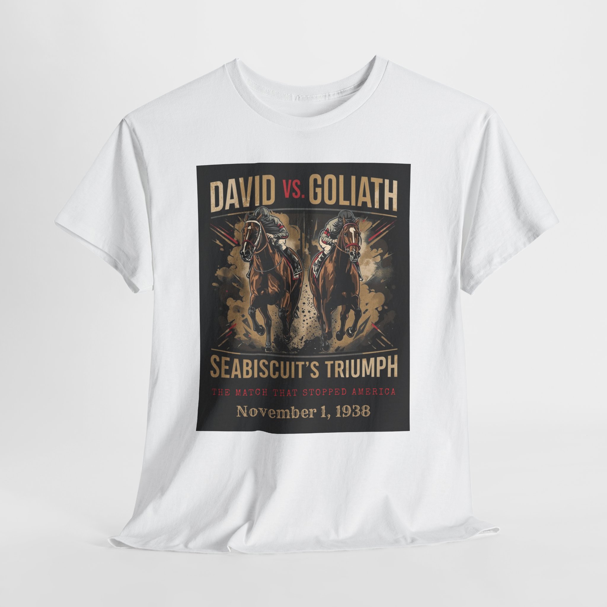 Copy of David vs. Goliath Seabiscuit Triumph T-Shirt — Vintage Horse Racing Poster Tee (November 1, 1938)